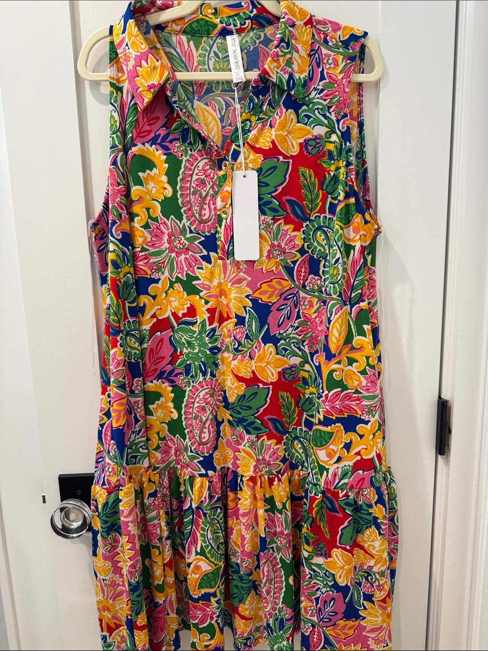 Sleeveless Collared Floral Paisley Maxi Dress - Pink, Green & Yellow